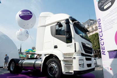 An Iveco Stralis LNG truck, part of the BIOGNVAL project in collaboration with Suez and GNVert. This vehicle will soon be powered by liquefied biomethane.