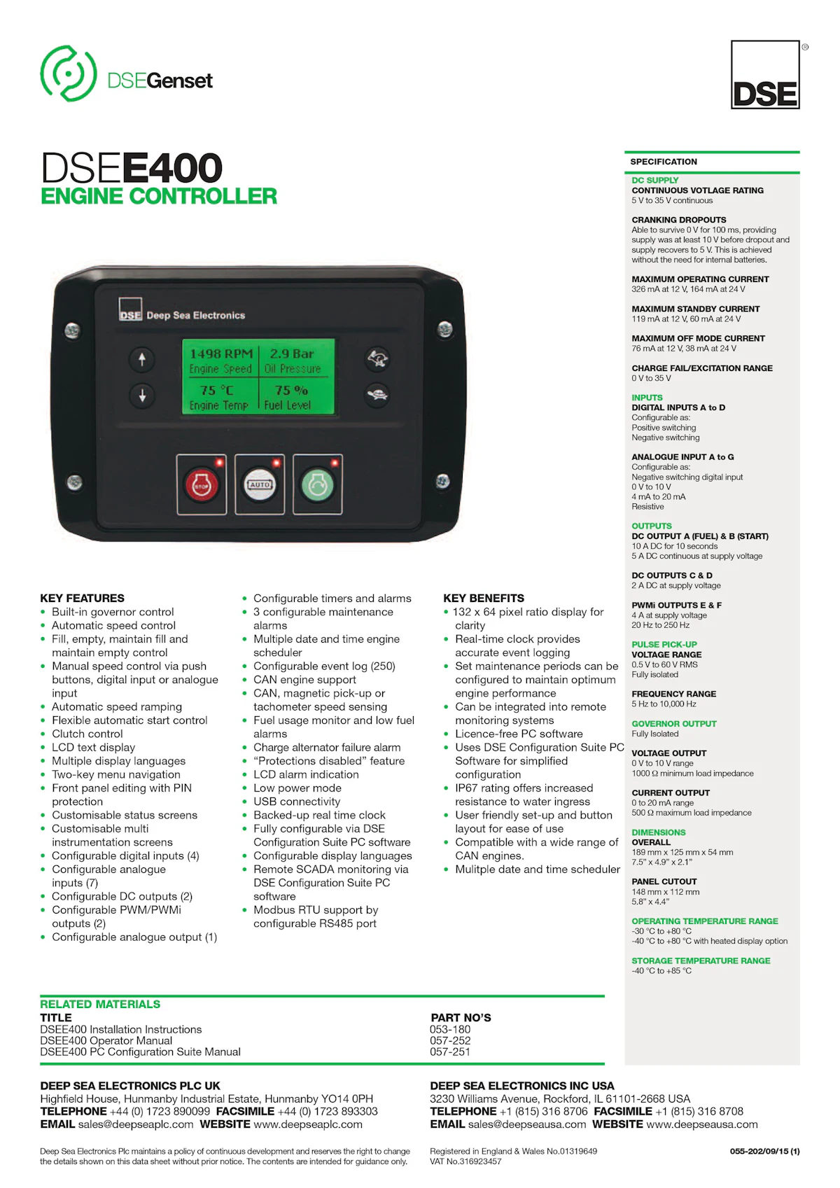 DSE E400 Engine Controller Spec Sheet | OEM Off-Highway