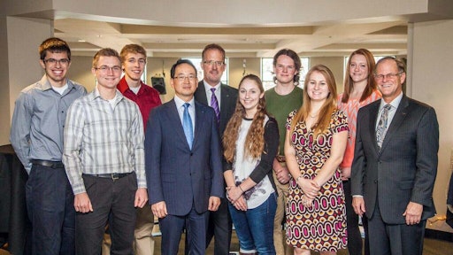 In September, Doosan, Bobcat Company and NDSU announced the 2015 academic year scholarship recipients. Seven of those scholarship recipients are pictured with Scott Park, President and CEO of Doosan Infracore; Rich Goldsbury, President of Bobcat and Doosan, North America; and Dean Bresciani, President of NDSU.