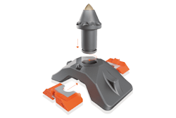 HAMM crusher drums employ a patented quick-change toolholder system: the quick-change toolholders can be fitted with padfoot inserts or different picks.