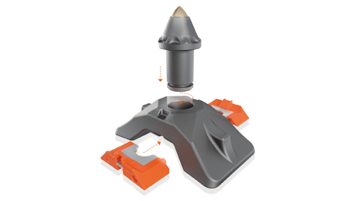 HAMM crusher drums employ a patented quick-change toolholder system: the quick-change toolholders can be fitted with padfoot inserts or different picks.