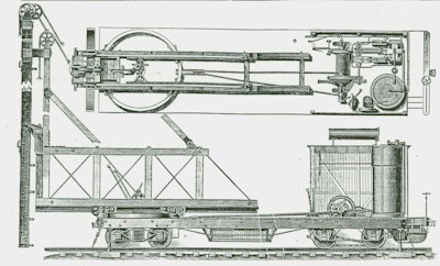 Self-propelled railroad pile drivers were built by Industrial Works as early as 1885, as evidenced by this Steam Pile-Driver Car.