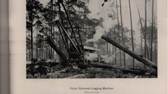 A Clyde Universal Logging Machine hauls one log in by cableway while positioning another for loading onto a rail car passing beneath it. An incline carries the car over the track upon which the logging machine sits.