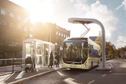 Volvo electric bus charging via pantograph opportunity charging system
