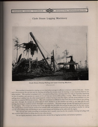 The Clyde Steam Stump Pulling and Land Clearing Machine, featured in the company's catalog.