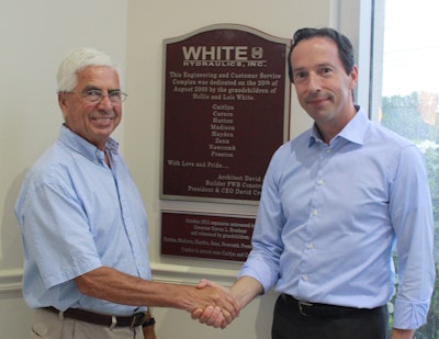 Eric Alström, President, Danfoss Power Solutions (right), with Hollis White, Founder, White Drive Products Inc., at the White Drive Products Inc. headquarters in Hopkinsville, KY.