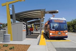 Rendering of the proposed overhead charging system for the Los Angeles County Metropolitan Transit Authority LA Metro Orange Line Electric Bus Program (New Flyer’s Xcelsior XE60 Articulated Electric Bus shown with a Siemens Overhead Rapid Charger).