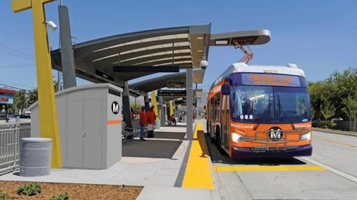 Rendering of the proposed overhead charging system for the Los Angeles County Metropolitan Transit Authority LA Metro Orange Line Electric Bus Program (New Flyer’s Xcelsior XE60 Articulated Electric Bus shown with a Siemens Overhead Rapid Charger).