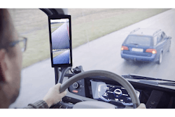 The Orlaco MirrorEye system removes the need for side mirrors by providing real-time images on an HD monitor mounted inside the cab on the window stile.