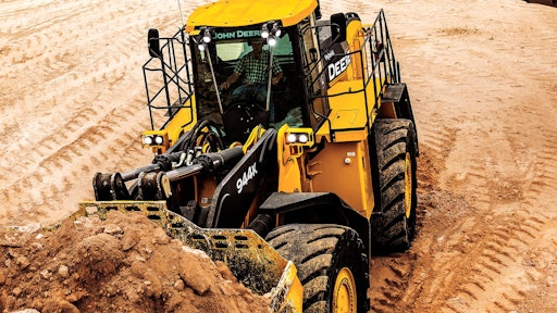 The 536 hp 944K Hybrid Wheel Loader boasts the biggest cab, quickest boom-raise time, and fastest cycle times in its class.
