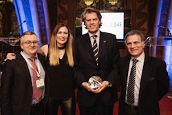 From left to right: Francois-Regis Mouton, Vice President Oil and Gas Advocacy at Total (Sponsor of the award) and Chairman of GasNaturally; Hannah Wharrier, Managing Director of The Energy Exchange, EGC European Gas Conference Organisation; Karl-Martin Studener, IVECO Business Director Austria, Central & Eastern Europe; Giorgio Marrapodi, Italian Ambassador in Austria.