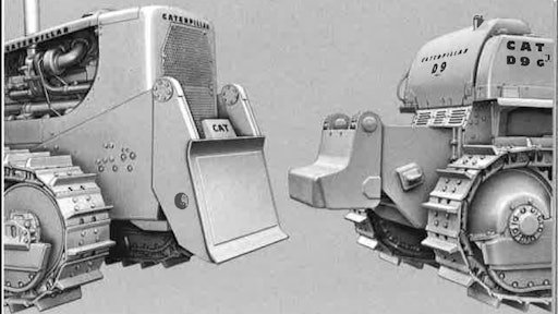 Caterpillar D9G crawler tractors with front cushion push plate (left) and rear cushion block (right).