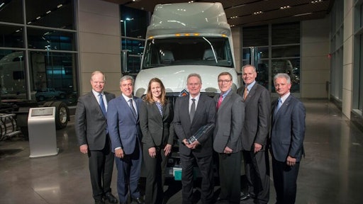 From left to right are Walter Borst, CFO, Navistar; Persio Lisboa, President, Operations, Navistar; Kate Rice, Manager, OE Sales – Navistar, Bendix; Carlos Hungria, COO, Bendix; Troy Clarke, Chairman, President and CEO, Navistar; Bill Kozek, President, Truck and Parts, Navistar; Denny Mooney, Senior Vice President, Global Product Development, Navistar.