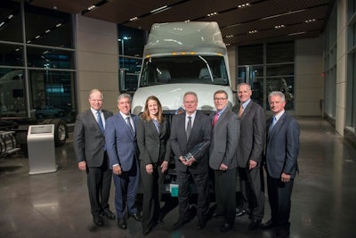 From left to right are Walter Borst, CFO, Navistar; Persio Lisboa, President, Operations, Navistar; Kate Rice, Manager, OE Sales – Navistar, Bendix; Carlos Hungria, COO, Bendix; Troy Clarke, Chairman, President and CEO, Navistar; Bill Kozek, President, Truck and Parts, Navistar; Denny Mooney, Senior Vice President, Global Product Development, Navistar.