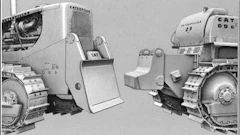 Caterpillar D9G crawler tractors with front cushion push plate (left) and rear cushion block (right).