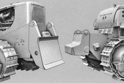 Caterpillar D9G crawler tractors with front cushion push plate (left) and rear cushion block (right).