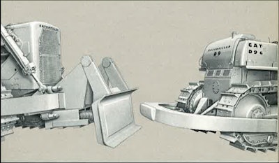 Caterpillar D9G crawler tractors with front (left) and rear C-frames for pushloading. The left-hand machine has a cushion cup; many push cups were simple concave discs.