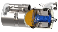 An integrated aftertreatment system for Stage V which includes a DOC, mixer, SDPF and SCR.