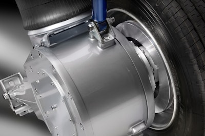 An electric trailing arm independent suspension module with an electric motor integrated at the wheel sized for Class 4 and 5 vehicles with 100 kW peak power at each wheel. The unique trailing arm/air spring configuration also enables a complete low floor with kneeling capability.