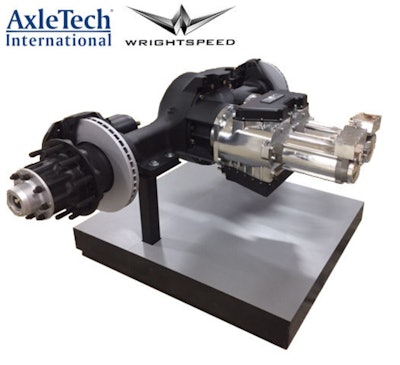 Wrightspeed's Geared Traction Drive, fitted to a custom AxleTech International drive axle, provides high-power electric drive and regenerative braking.