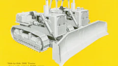 Caterpillar D9H crawler tractors in the SxS arrangement, with the standard 24-foot dozer. The Double Dude variant’s angle dozer was twice as long, and the tractors were offset 11 ft. to accommodate it.