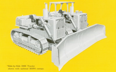 Caterpillar D9H crawler tractors in the SxS arrangement, with the standard 24-foot dozer. The Double Dude variant’s angle dozer was twice as long, and the tractors were offset 11 ft. to accommodate it.