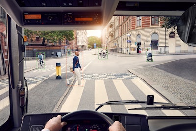 Volvo's pedestrian and cyclist detection system provides audio and visual cues to bus drivers, as well as the nearby road users, to alert them of one another's presence.