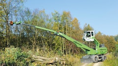 The Sennebogen 718's operator cab elevates to provide improved visibility of the work at hand.