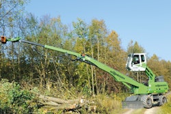 The Sennebogen 718's operator cab elevates to provide improved visibility of the work at hand.