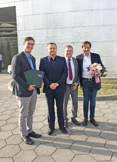 Celebrating 10 years at the Poland facility (from left to right): Paul Schmitz (Production Manager - Slubice/FRABA), Tomasz Ciszewicz (Mayor of Slubice), Roman Dziduch (representative of the economic promotion company for the special business zone Slubice/Kostrzyn), Christian Leeser (CEO and majority shareholder of the FRABA Group)