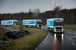 Volvo truck platoon featuring wirelessly connected trucks that follow one another at a shorter distance than typically allowed by regulations to help minimize slipstream, and thus increase fuel efficiency.