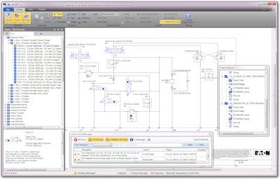 In Eaton's Circuit Design Software Studio, users are given a blank sheet on which circuit design schematics can be drawn to help spec the appropriate valve products.