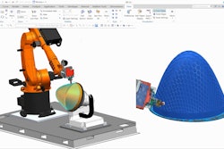 A digital twin of the Stratasys Robotic Composite 3D Demonstrator inside Siemens’ NX software simulates multi-axis fused deposition modeling of a lightweight composite part.