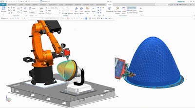A digital twin of the Stratasys Robotic Composite 3D Demonstrator inside Siemens’ NX software simulates multi-axis fused deposition modeling of a lightweight composite part.
