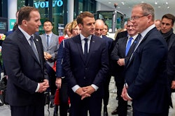 From left: Swedish Prime Minister Stefan Löfven, French President Emmanuel Macron and Martin Lundstedt, President and CEO of the Volvo Group, at the Volvo Group headquarters in Gothenburg.