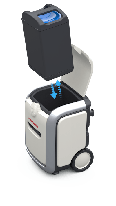 The Honda Mobile Power Pack Charge & Supply - Portable Concept is a charger/discharger, which not only charges the Honda Mobile Power Pack, but also utilizes the Power Pack as a power source for connected electrical devices.