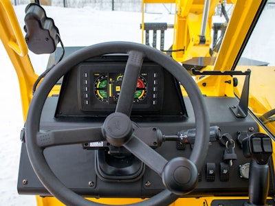 The telehandler's newly designed cab features an all-steel interior to ensure durability on rough job sites, and wash-down resistant gauges, switches and controls.