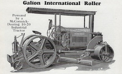 This Galion Iron Works International roller is equipped with an underframe blade and rear scarifier for road repair. It also illustrates a common engineering practice from the 1920s in which industrial tractors (in this case a McCormick-Deering 10-20) were used as the powertrains for an amazing variety of machines.