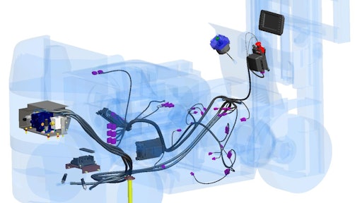 A forklift prototype fitted with a steer-by-wire system. Also depicted are harness, wiring and sensors for the propel circuit.