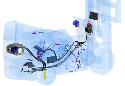 A forklift prototype fitted with a steer-by-wire system. Also depicted are harness, wiring and sensors for the propel circuit.