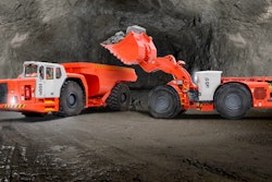 Sandvik’s LH517 underground loader (right) loads material into a Sandvik TH551 truck; the Sandvik LH517 is equipped with an EU Stage V engine solution from Volvo Penta.
