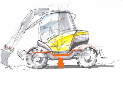 A design sketch illustrating the machine's lower center of gravity.