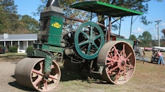 Given the pronounced upward tilt of the frame to the front drum, this very rare Rumely Oil Pull three-wheel roller is probably a conversion of a traction engine. It was the featured machine at the Historical Construction Equipment Association’s 2017 International Convention and Old Equipment Exposition in Carthage, NC, and is owned by show host Ken Eder.