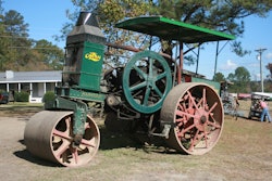 Given the pronounced upward tilt of the frame to the front drum, this very rare Rumely Oil Pull three-wheel roller is probably a conversion of a traction engine. It was the featured machine at the Historical Construction Equipment Association’s 2017 International Convention and Old Equipment Exposition in Carthage, NC, and is owned by show host Ken Eder.