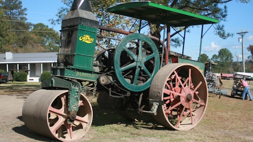 Given the pronounced upward tilt of the frame to the front drum, this very rare Rumely Oil Pull three-wheel roller is probably a conversion of a traction engine. It was the featured machine at the Historical Construction Equipment Association’s 2017 International Convention and Old Equipment Exposition in Carthage, NC, and is owned by show host Ken Eder.