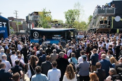 A large crowd gathered for the unveiling of The Lion Electric Co.'s new all-electric bus.