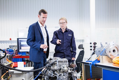 Volvo Penta’s Chief Technology Officer, Johan Inden, and system engineer, Karin Åkman, discuss innovation for electromobility at the company’s new development-and-test laboratory in Gothenburg.