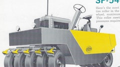 In terms of numbers sold, the Bros SP54B was one of the most popular self-propelled pneumatic rollers. It weighed 6,120 lbs. empty and could be ballasted to 25,000 lbs. It rode on nine 7:50x15 tires.