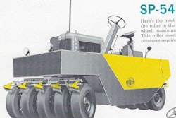 In terms of numbers sold, the Bros SP54B was one of the most popular self-propelled pneumatic rollers. It weighed 6,120 lbs. empty and could be ballasted to 25,000 lbs. It rode on nine 7:50x15 tires.