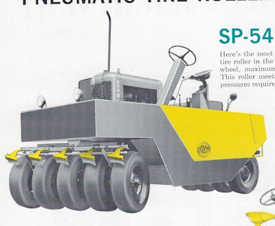 In terms of numbers sold, the Bros SP54B was one of the most popular self-propelled pneumatic rollers. It weighed 6,120 lbs. empty and could be ballasted to 25,000 lbs. It rode on nine 7:50x15 tires.